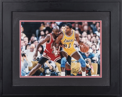 Michael Jordan & Magic Johnson Dual Signed 1991 NBA Finals Photo In 29x23 Framed Display #41/1991 (UDA)